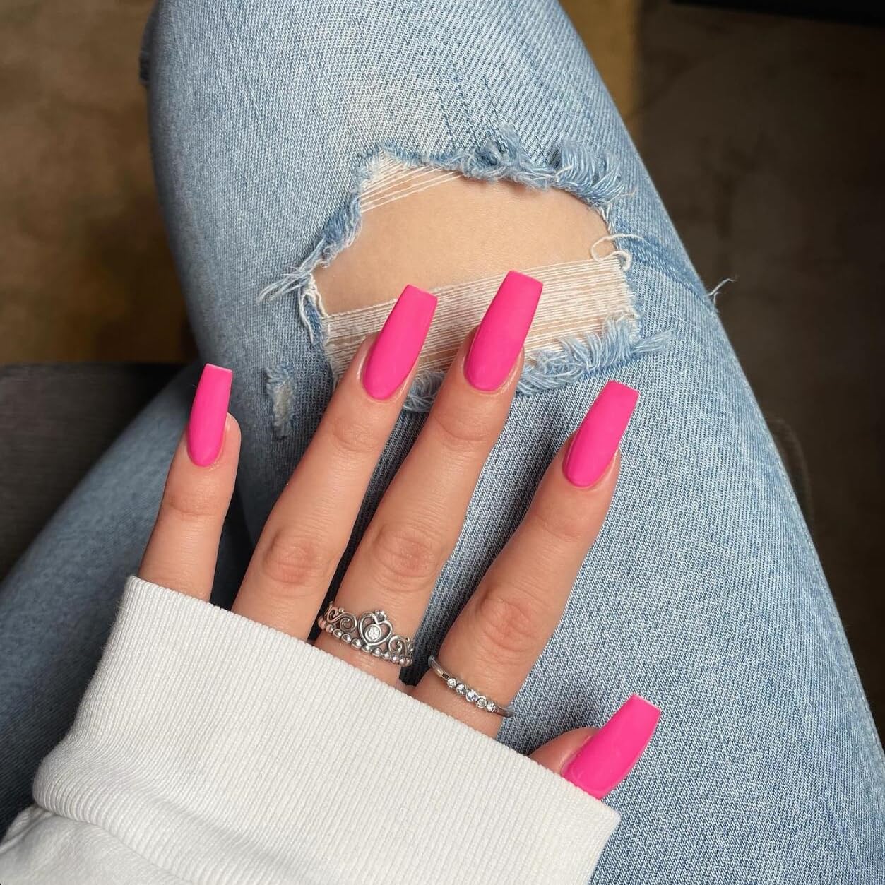 Photo 1 of ** MISSING PIECES ** KQueenest Matte Neon Hot Pink Press on Nails Long Medium Square, Fake Nails Press ons, Glue on Nails Coffin For Women, Vibrant Gel Square Tip Nails, Acrylic Nails for Finger Decoration