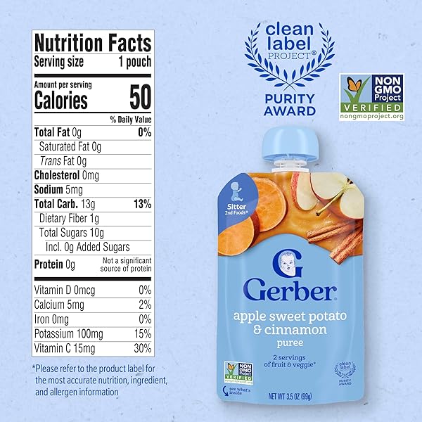 GERBER STAGE 2 BABY FOOD, APPLE SWEET POTATO CINNAMON PUREE POUCH, 2 SERVINGS OF FRUIT & VEGGIE, NO ADDED SWEETENER, NO ARTIFICIAL COLORS OR FLAVORS