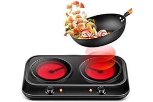 HUDETEX Electric Stove Top Infrared Double Burner with Plug in, Portable Dual Control Infrared Cooktop for Cooking, Home, camping, RV - Microcrystalline Glass Burner - Adjustable Temperature