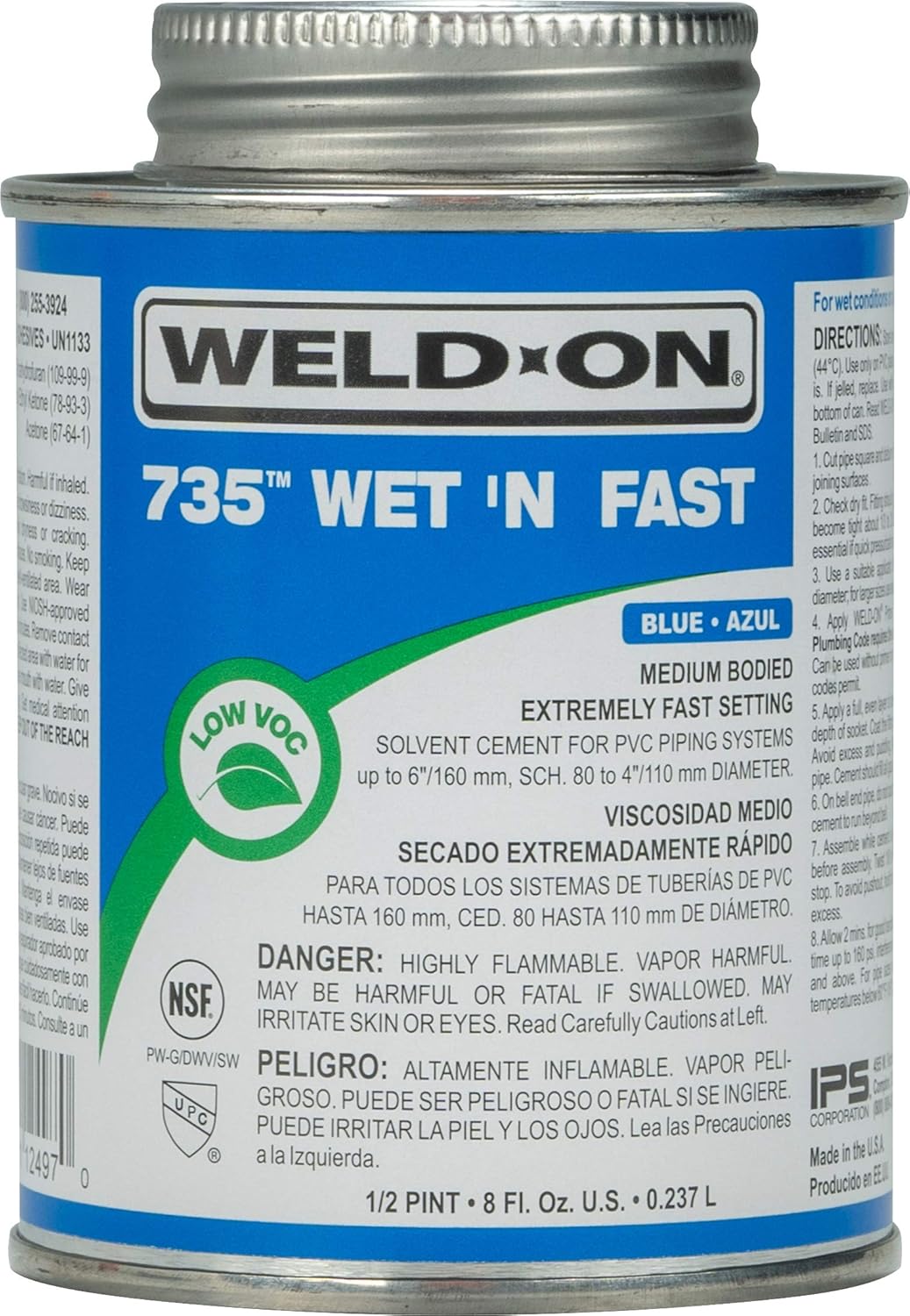 WeldOn 735 12497 Wet 'N Fast, PlumbingGrade PVC Cement, MediumBodied, Extremely FastSetting