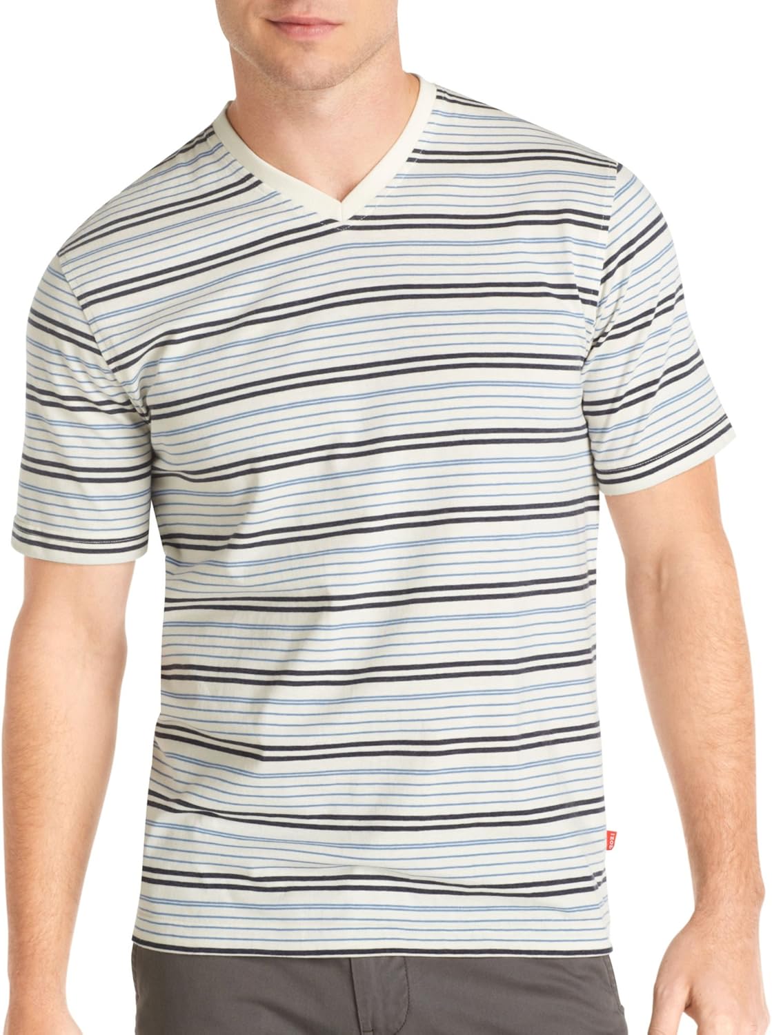Izod Men's Short Sleeve Stripe Jersey VNeck TShirt, Egret, 2XLarge