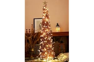 HMASYO 5 FT Pop Up Christmas Tree with Timer Lights, Tinsel Christmas Tree, Collapsible Artificial Pencil Christmas Tree for Indoor Home Apartment Porch Holiday Party Decorations