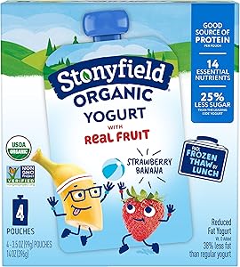 Stonyfield Organic Kids Strawberry Banana Lowfat Yogurt Pouches, 3.5 oz. Each, Includes Live Active Cultures, 4 count (pack o