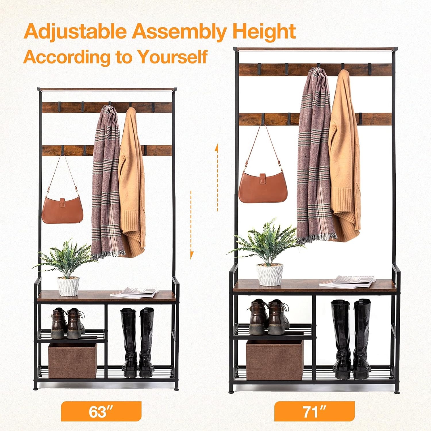 ODK 3 in 1 Hall Tree Coat Rack and Shoe Bench Entryway Storage Shelves, Multipurpose Furniture Organizer with Industrial Design Metal Frame, Rustic Brown: Home Improvement