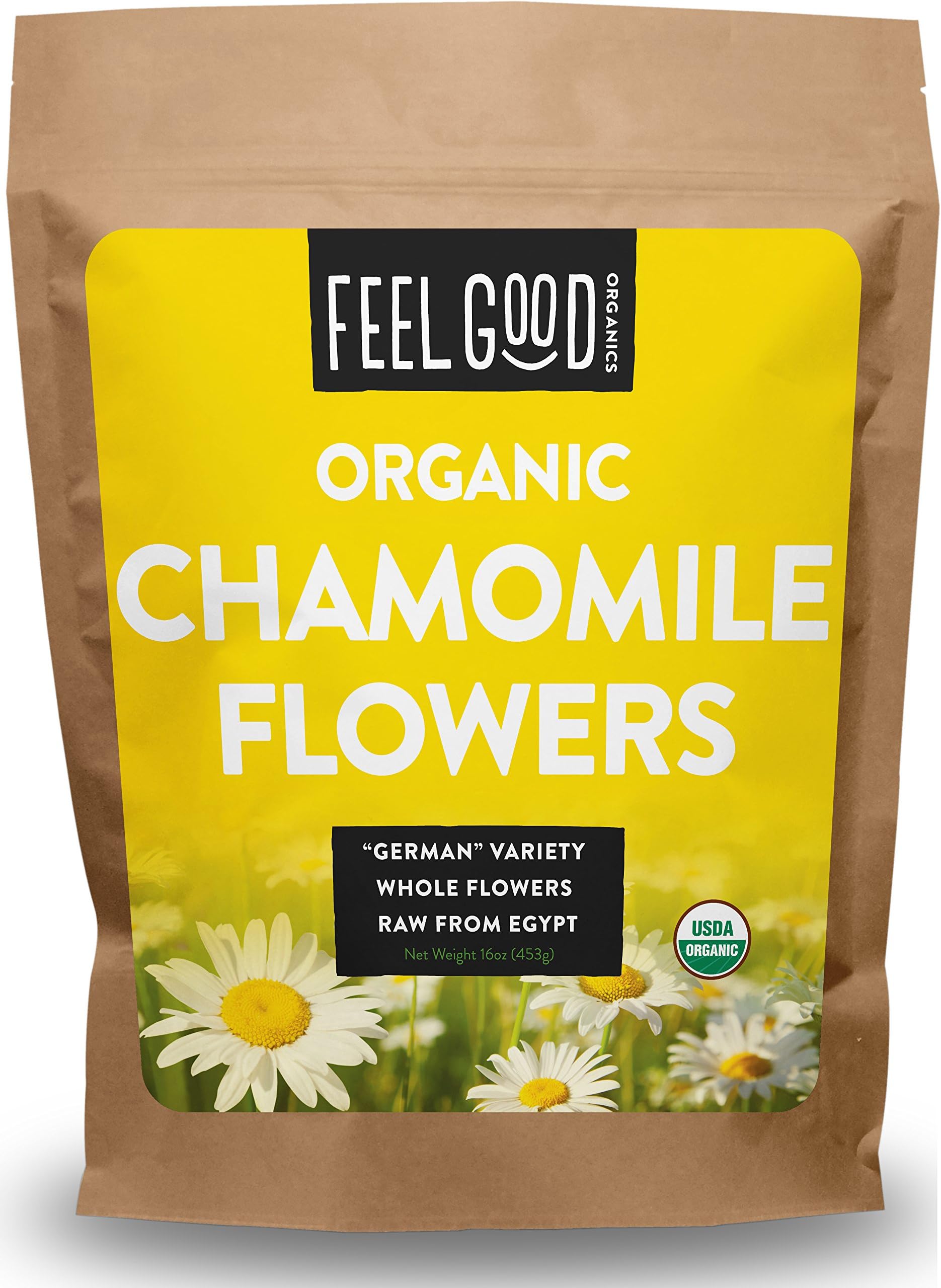 Organic "GERMAN" Chamomile Flowers | 16oz Resealable Kraft Bag | 100% Raw From Egypt | by Feel Good Organics