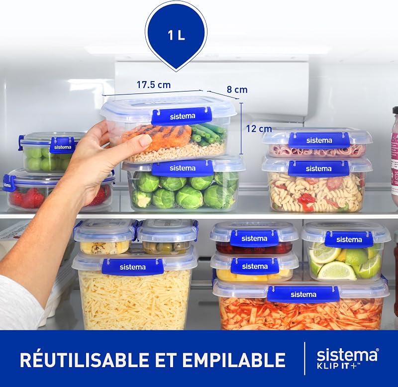 KLIP IT PLUS Récipients de conservation alimentaire | 1 litre | Boîtes alimentaires étanchesempilables et hermétiques | lunch box enfant | 4 pièces