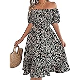 ChiaoLezhee Floral Dress for Women, Puff Sleeve A Line, Spring Tea Party, Knee Length Casual Flowy Milkmaid Boho Flower