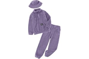 Latnnut Girls Fuzzy Pants Set Quarter-zip Sweatshirt with Kangaroo pocket Sweatpants and Hat for 4-10 Years