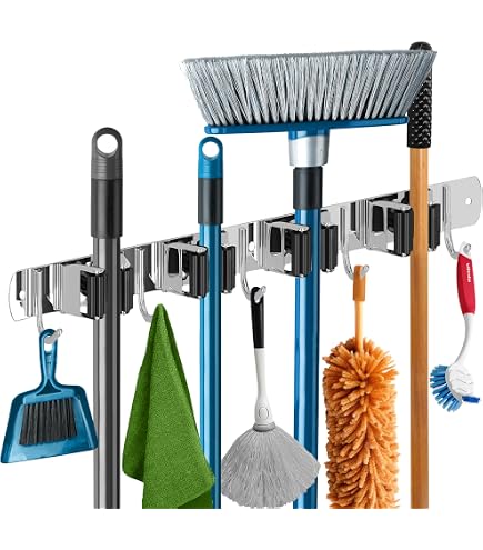 Porte Balai Mural En Acier Inoxydable, Accroche Balai Mural Avec 4 Emplacements Et 5 Crochets Pour Cuisine Salle De Bain Garage Et Jardin Gris 96221425