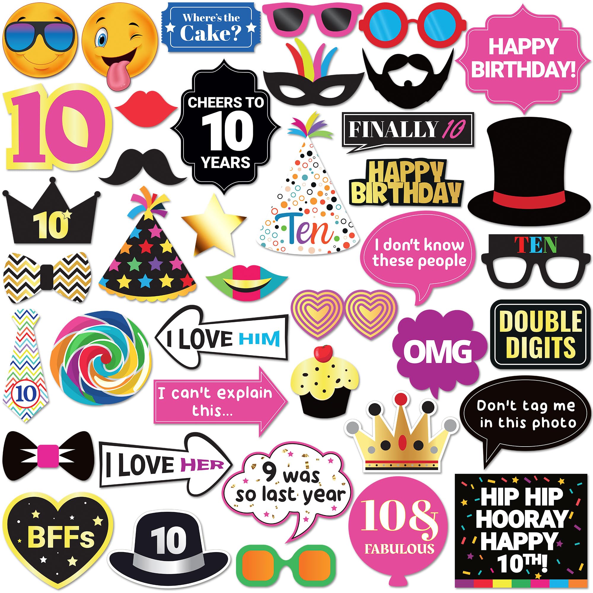 Photo 1 of Photo Booth Props Kids 10th Birthday - 40 Piece Set, Multicolored - Funny Party Selfie Accessories for Photoshoot by PixiPy