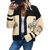 MYMORE Women's Western Cowgirl Graphic Horse Cardigan Vintage Print Sweater | Rodeo Cowboy Cropped Cardigan Sweater, Jacquard Knit, Color Block, Long Sleeve, V Neck Button Up