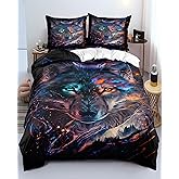 SIGOSR Galaxy Wolf Duvet Cover Set Twin - 100% Microfiber Polyester Starry Sky Wolf Print Bedding, Lightweight Easy Care 3-Piece Comforter Cover for College Dorm Boys Bedroom Decor