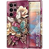 Btscase for Samsung Galaxy S22 Ultra 5G Case, Marble Pattern 3 in 1 Heavy Duty Shockproof Full Body Rugged Hard PC+Soft Silicone Drop Protective Women Girl Covers for Samsung S22 Ultra, Deep Red
