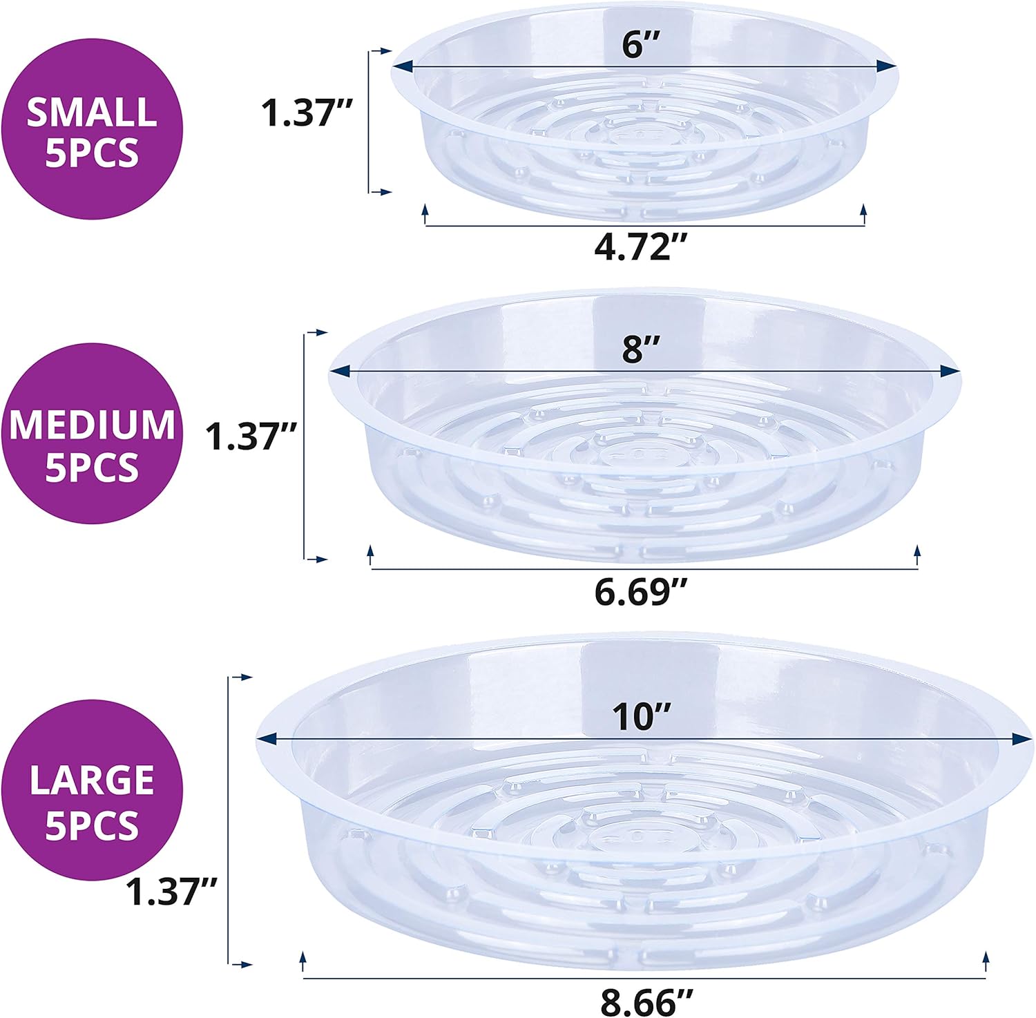 Konanzo Plant Saucer 15 Pack of Clear Plastic Saucers Drip Trays in Assorted Sizes (6 inch/8inch/10inch) Flower Pot Tray for Indoors & Outdoor Plants or Planter pots. (1, 6, 8, 10 inch) : Garden & Outdoor