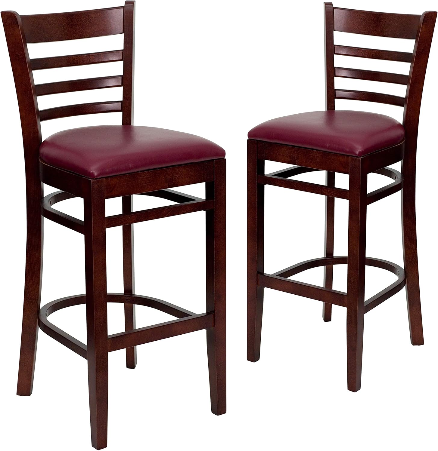 Flash Furniture 2 Pk. HERCULES Series Ladder Back Mahogany Wood Restaurant Barstool - Burgundy Vinyl Seat