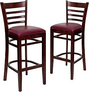 Flash Furniture 2 Pk. HERCULES Series Ladder Back Mahogany Wood Restaurant Barstool - Burgundy Vinyl Seat