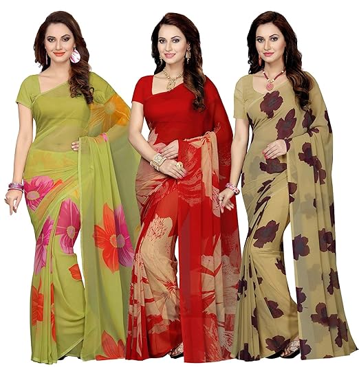 Combo of 3 Multicolor Poly Georgette Printed Womens Saree/Sari