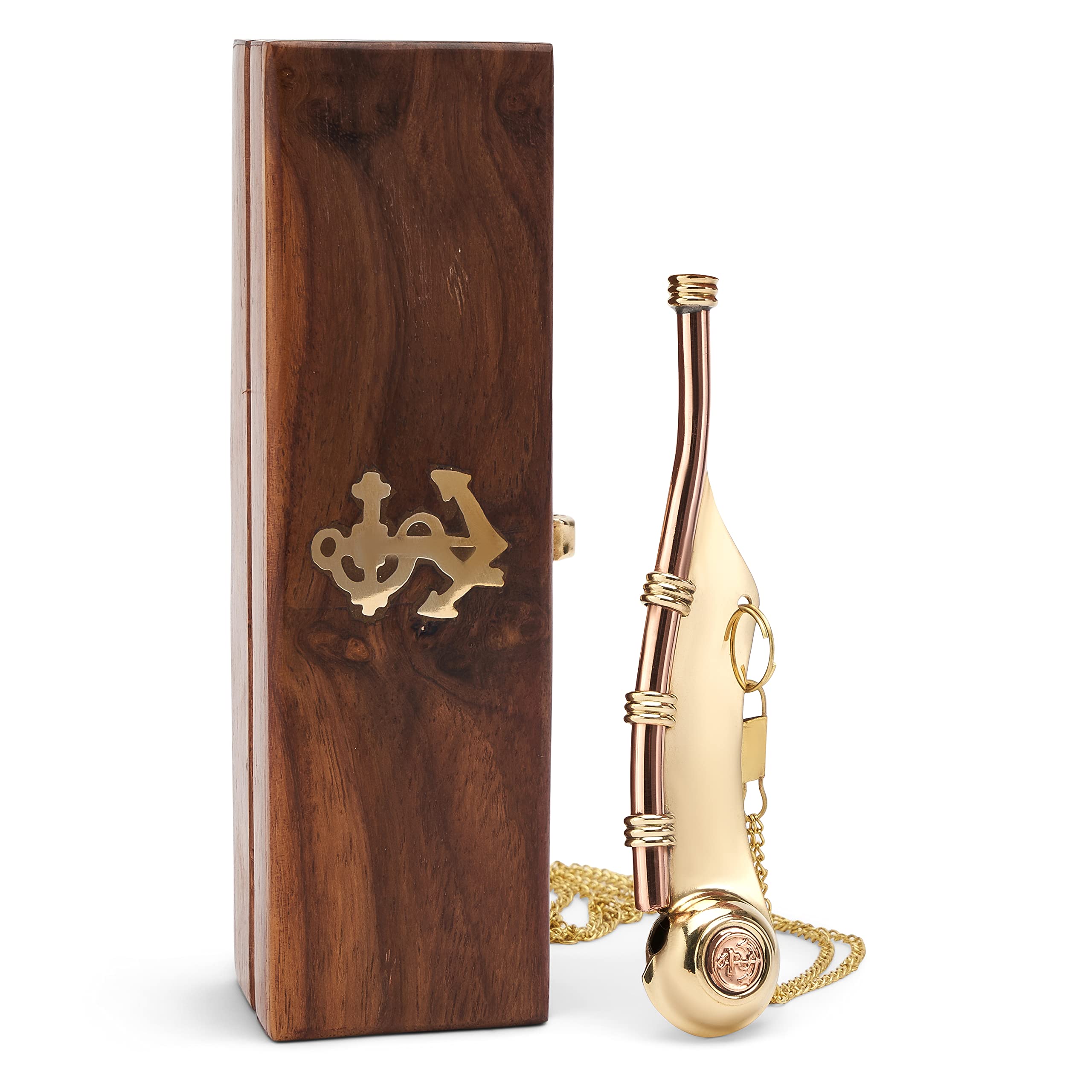 NKlaus 12 cm Maritime Boatman Whistle Brass with Chain in Wooden Box Call Pipe 11517