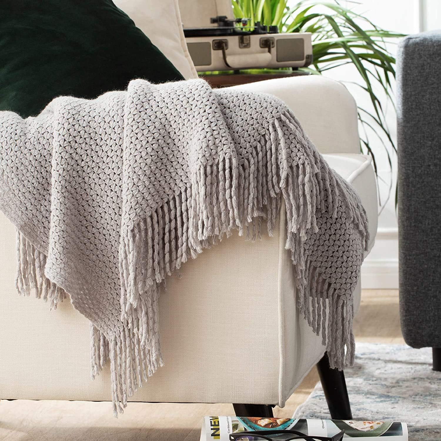 Bedsure Throw Blankets for Couch, Soft Knit Woven Blanket, 50x60 Inch - Lightweight Farmhouse Decorative Blanket with Tassels for Bed, Couch, Sofa - Suitable for Adults and Kids (Grey): Kitchen & Dining