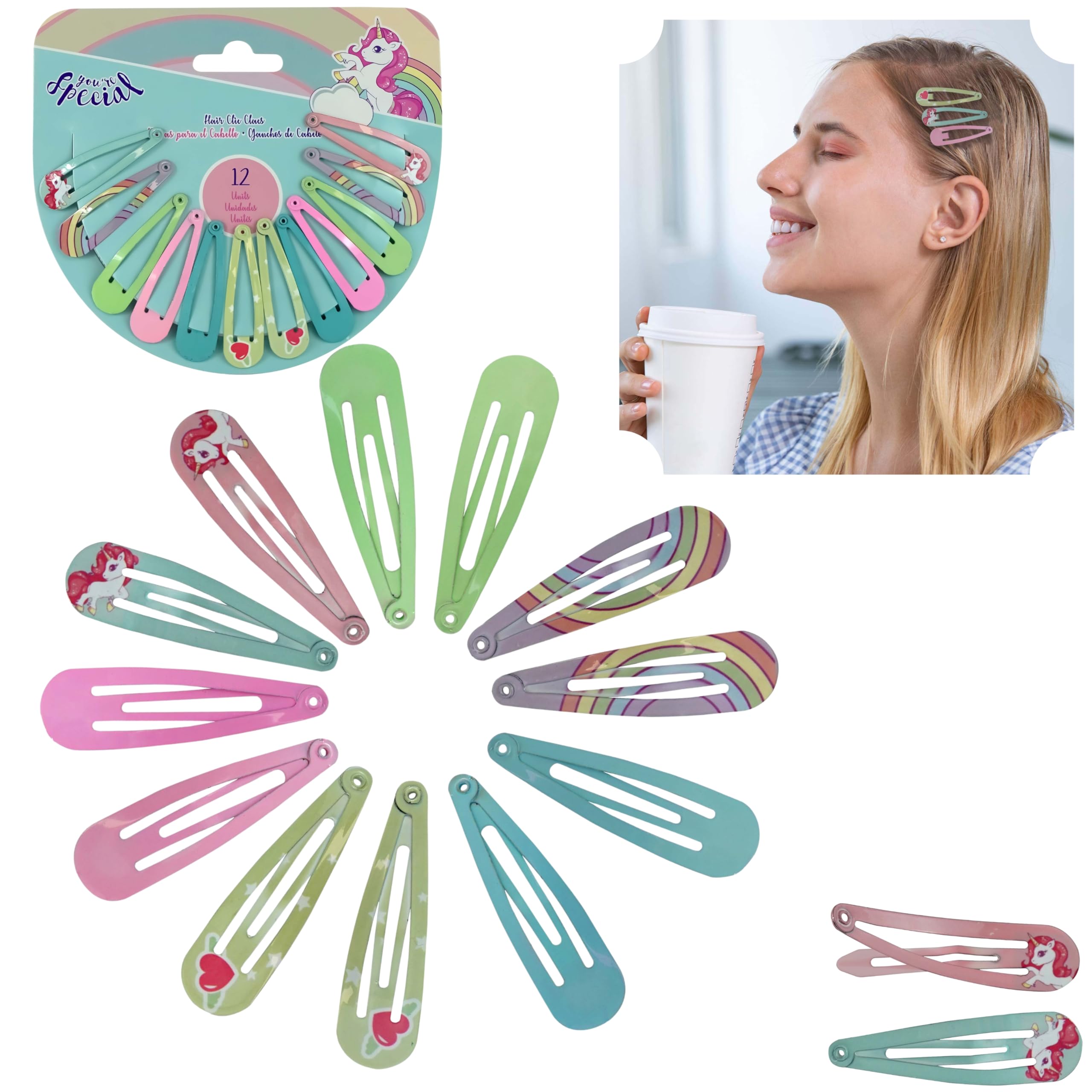 12x Unicorn Decorative Hair Clips, Mini Metal Snap Hair Clips for Little Girls Baby Kids, Colorful Small Hair Barrettes, Easter Accessories for Fine Hair, Xmas Gifts Size-5cm
