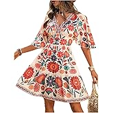 Floerns Women's Summer Floral A Line Dress Half Sleeve V Neck Concert Outfit Tiered Dresses