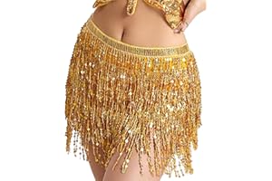 POHKUIA Gold Sequin Tassel Skirt Wrap Belly Dance Sparkling Skirts Fringe Hip Scarf for Festival