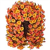 Artificial Fall Fake Hanging Flowers Plants Basket for Outdoor Autumn Decoration, Faux Silk Morning Glory Long Stems Vines Realistic UV Resistant for Outside Home Porch Garden (Fall Orange+Yellow)