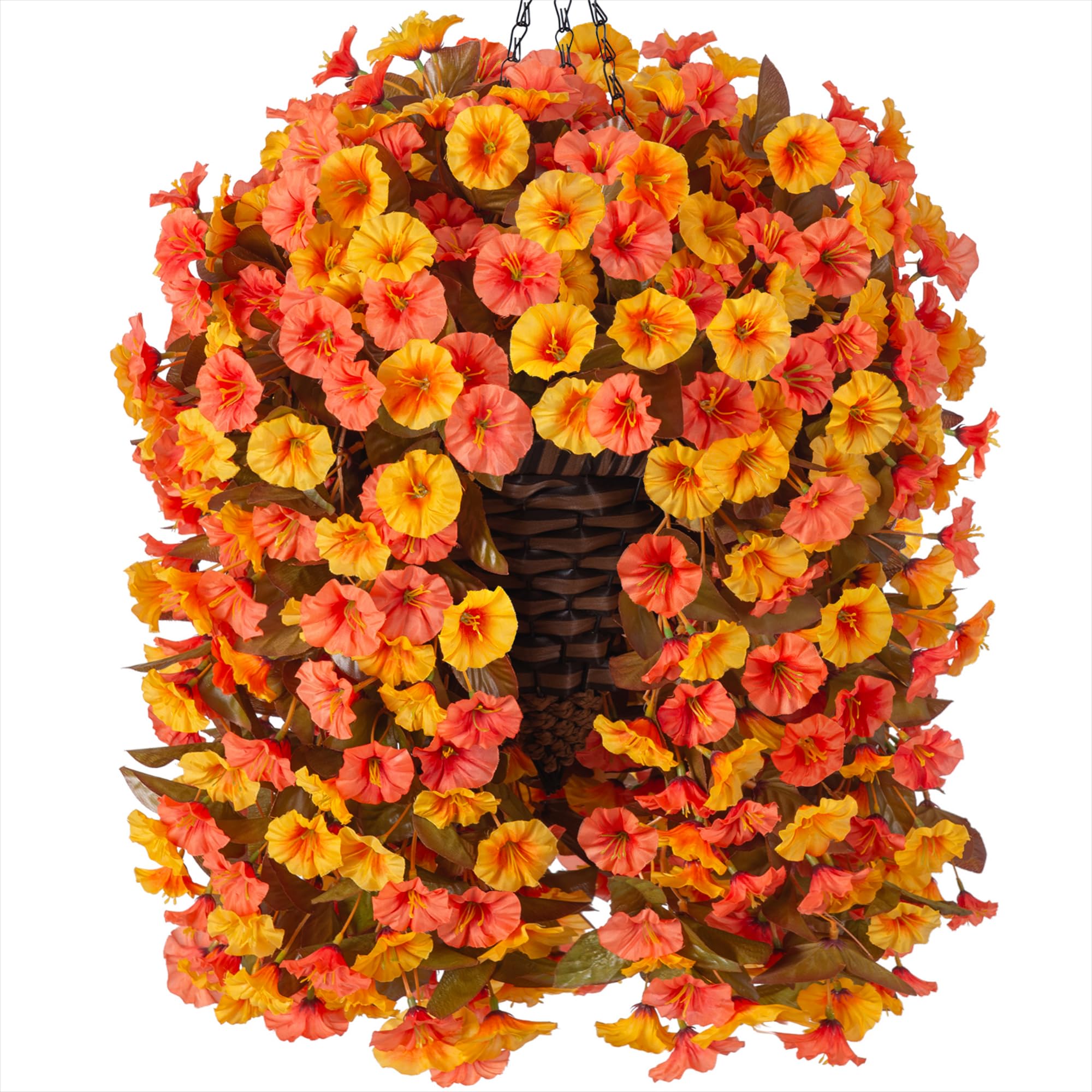 Photo 1 of Artificial Fall Fake Hanging Flowers Plants Basket for Outdoor Autumn Decoration, Faux Silk Morning Glory Long Stems Vines Realistic UV Resistant for Outside Home Porch Garden (Fall Orange+Yellow)