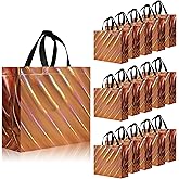 cabzymx 16 Pcs Unique Dazzling Rose Gold Reusable Gift Bags with Handles & Bases, Shiny Non-woven Holiday Goodie Bags Bulk for Birthday, Wedding, Party- 12.6x4.7x11 In