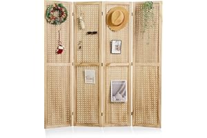 SVIMI Pegboard Display, 5.6Ft Wooden Room Divider Folding Privacy Screens Portable Freestanding Wall Organizer for Retail Craft Art Display Board (4panels, Natural)