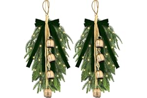 Fovths 2 Pieces 20" Christmas Teardrop Swag for Front Door with Green Bowknot and Lights Artificial Norfork Pine Needles Greenery Swags Wreaths for Christmas Indoor Outdoor Decorations