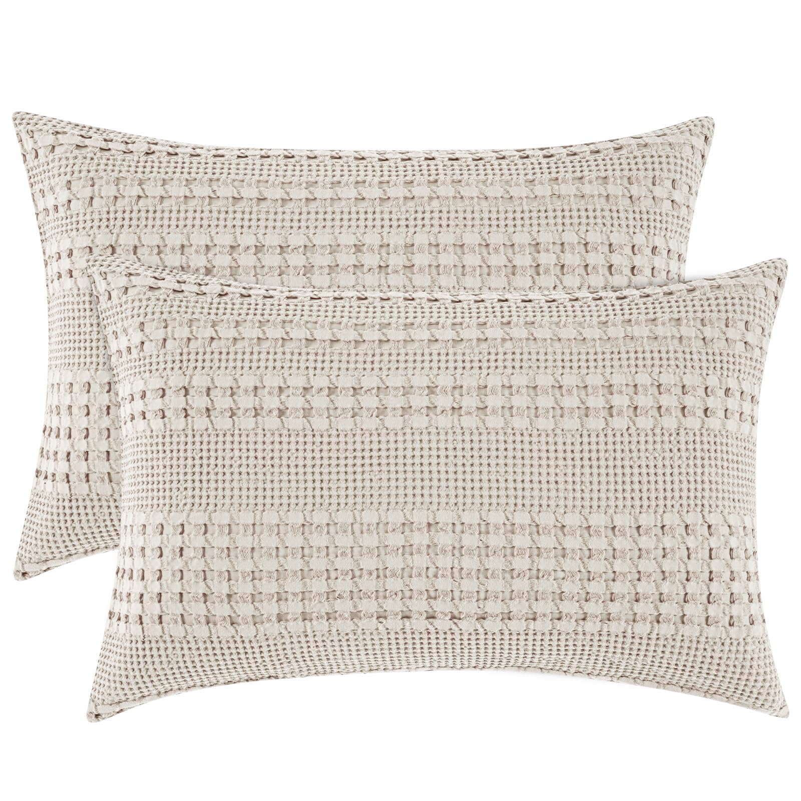 PHF 100% Cotton Waffle Pillow Shams Standard Size, 2 Pack 20" x 26" Soft Skin-Friendly Pillowcases, No Filling, Aesthetic Woven and Breathable Waffle Weave Pillow Case Covers for Bed, Oatmeal