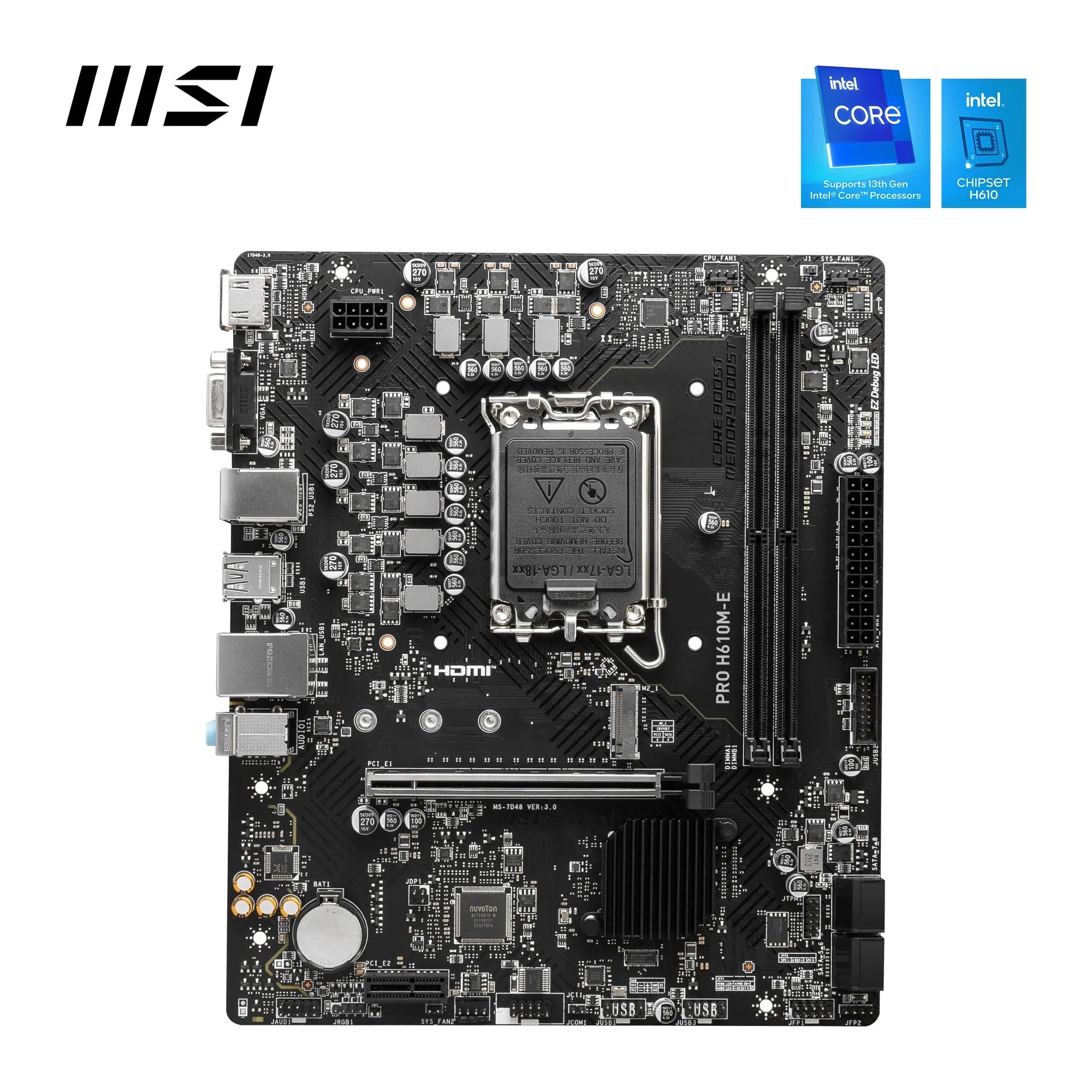 MSI PRO H610M-E Motherboard, Micro-ATX - Unterstützt Intel Core Prozessoren der 12. und 13. Generation, LGA 1700 - DDR5 Memory Boost 5600MHz/MAX, PCIe 4.0 x16 Slot, M.2 Gen3 Slot 2