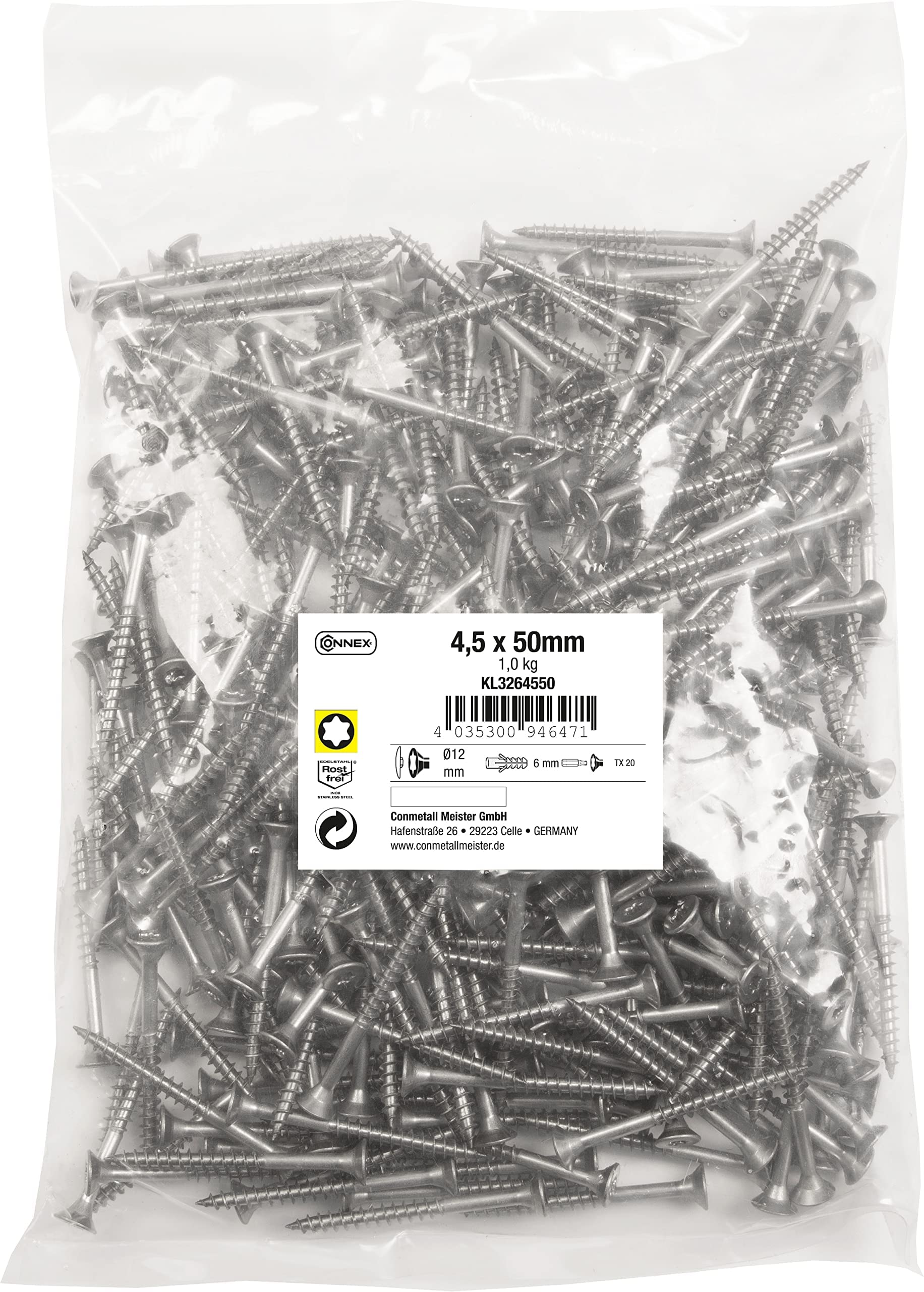 Connex KL3264550 Universal Screws 4.5 x 50 mm - 1 kg Bulk Pack - Countersunk Head - TX Drive - Partial Thread - Stainless Steel/Screw Set/Screws in Bag