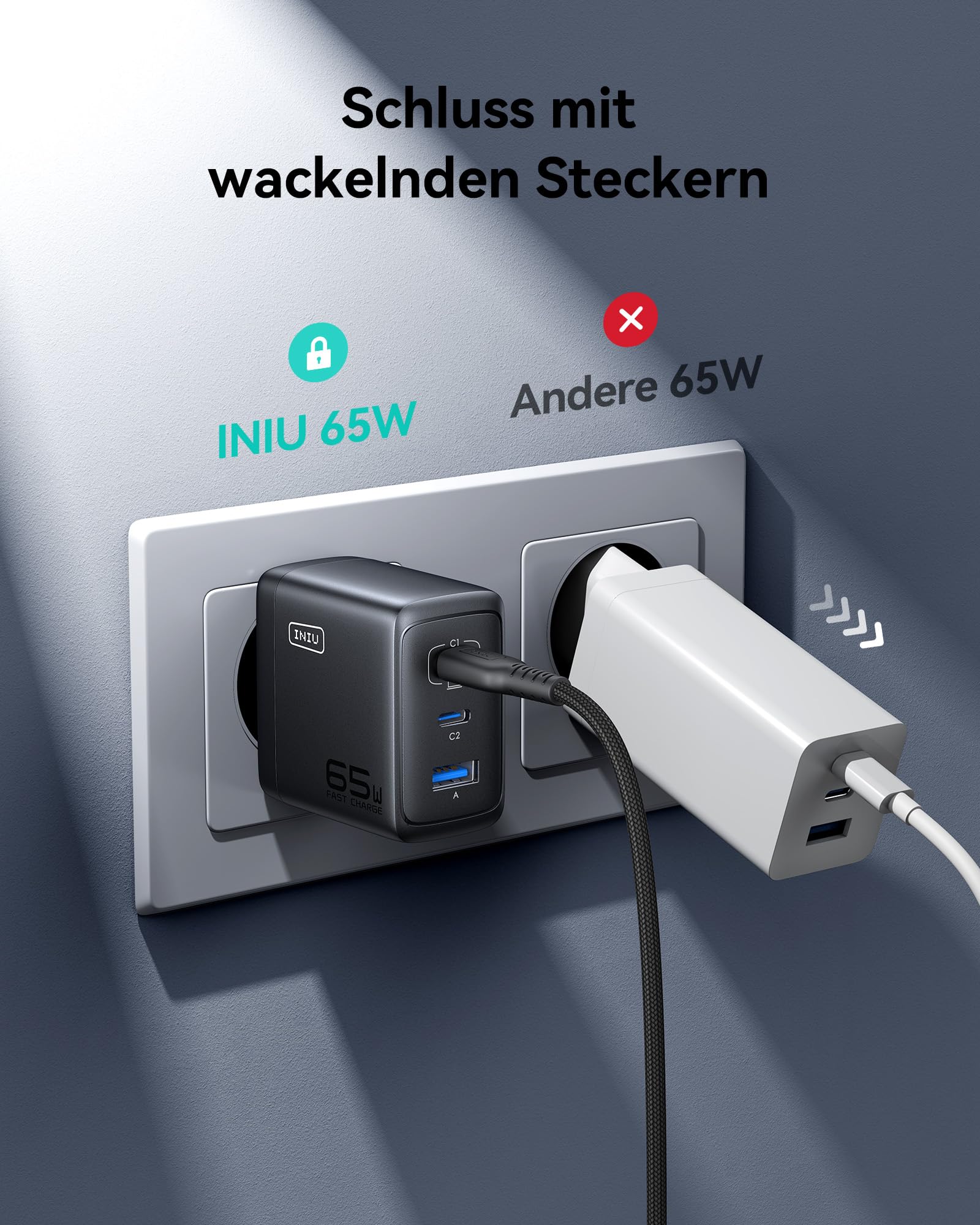 INIU USB C Ladegerät, 65W 3-Port Laptop Schnellladegerät mit 1.5m Kabel 6