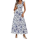 BTFBM Spring Dresses for Women 2026 Sleeveless Boho Floral Maxi Wedding Guest Dress Beach Vacation Clothes with Pockets