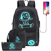 Pawsky Skateboard Anime Luminous School Backpack with USB Charging Port, Anti Theft Lock, Sling Bag & Pencil Case for Teen Boys and Girls, College Bookbag Lightweight Laptop Bag, Black