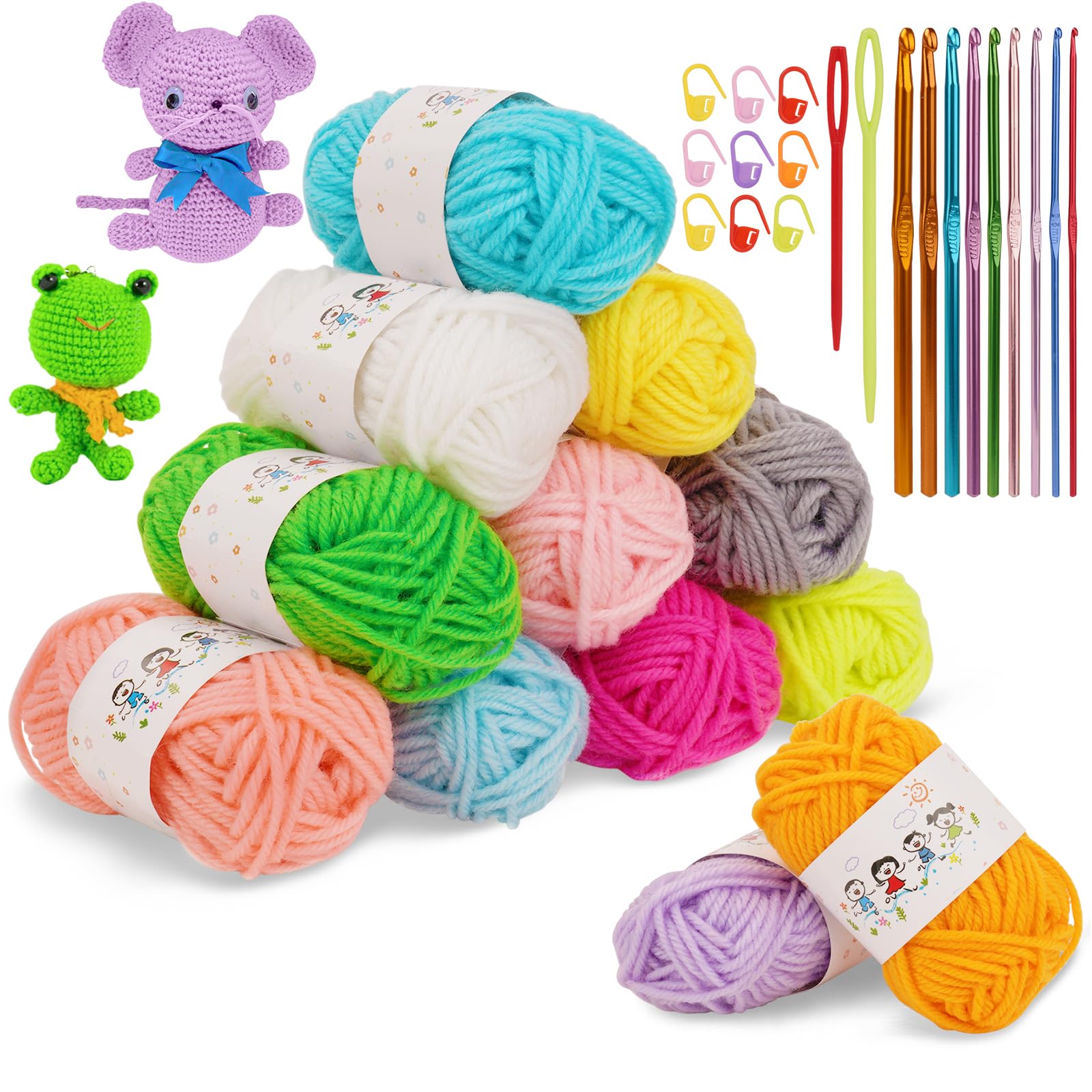 AUAUY 12-Strand Soft Acrylic Yarn (12x10g) with 9 Braided Aluminum Crochet Hooks for Crocheting and Knitting Craft, Assorted Starter Crochet Kit Yarn Bulk for Colorful Craft Adults & Kids