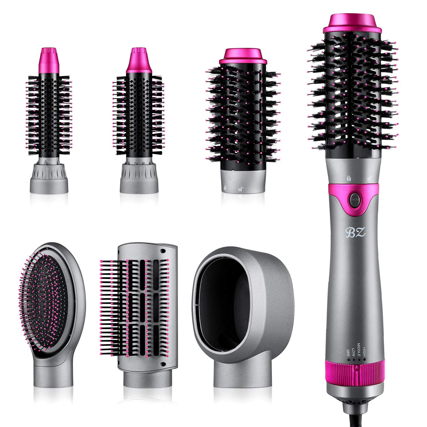 BZ 6 in 1 Hair Dryer Brush and Volumizer, Detachable Hair Dryer Styler, One-Step Hot Air Brush for Straightening Curling Drying Combing Scalp Massage Styling : Beauty