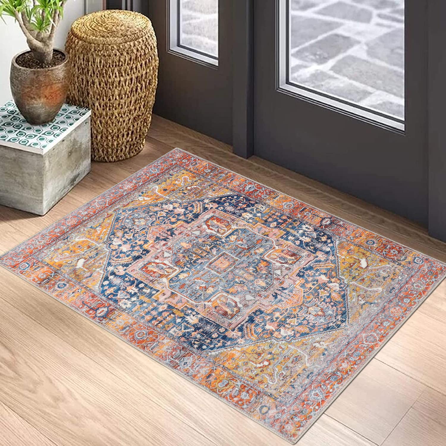 Cekene Oriental Small Rugs 60x90cm Non-slip Faux Wool Door Mat Indoor Washable Boho Entryway Rug Low Pile Floor Mat for Entrance Bedroom Bathroom Kitchen