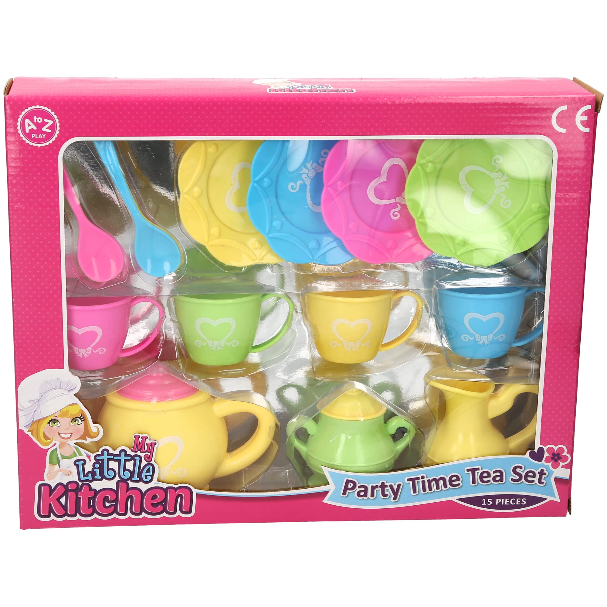 Atoz My Little Kitchen Party Time Tea Set, 15 Pieces, Colourful Plastic Tea Set with Teapot, Cups, Saucers and Spoons