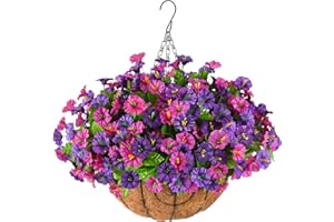 ZFPROCESS Artificial Flowers Hanging Baskets, 7 Bundles Morning Glory Outdoor Hanging Basket Spring Summer Decoration, UV Resistant Realistic Flowers for Porch Patio Balcony Yard Decor(Deep Purple Red)