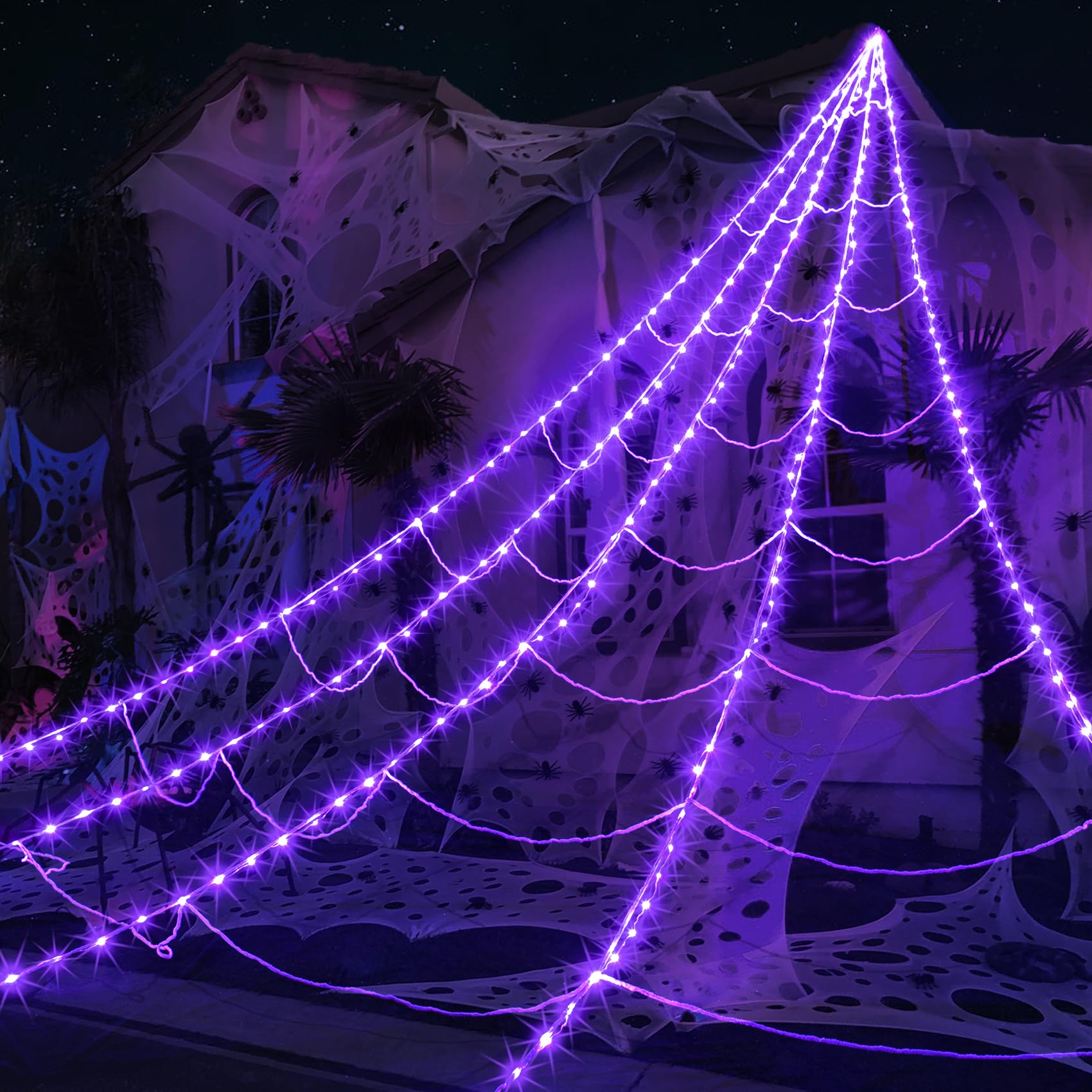 Photo 1 of Halloween Spider Web Lights 290 LED Lighted Spider Web Giant 23 Ft Halloween Decorations Light up with 8 Lighting Modes Waterproof & Timer for Outdoor Indoor Yard Haunted House Decor, Purple