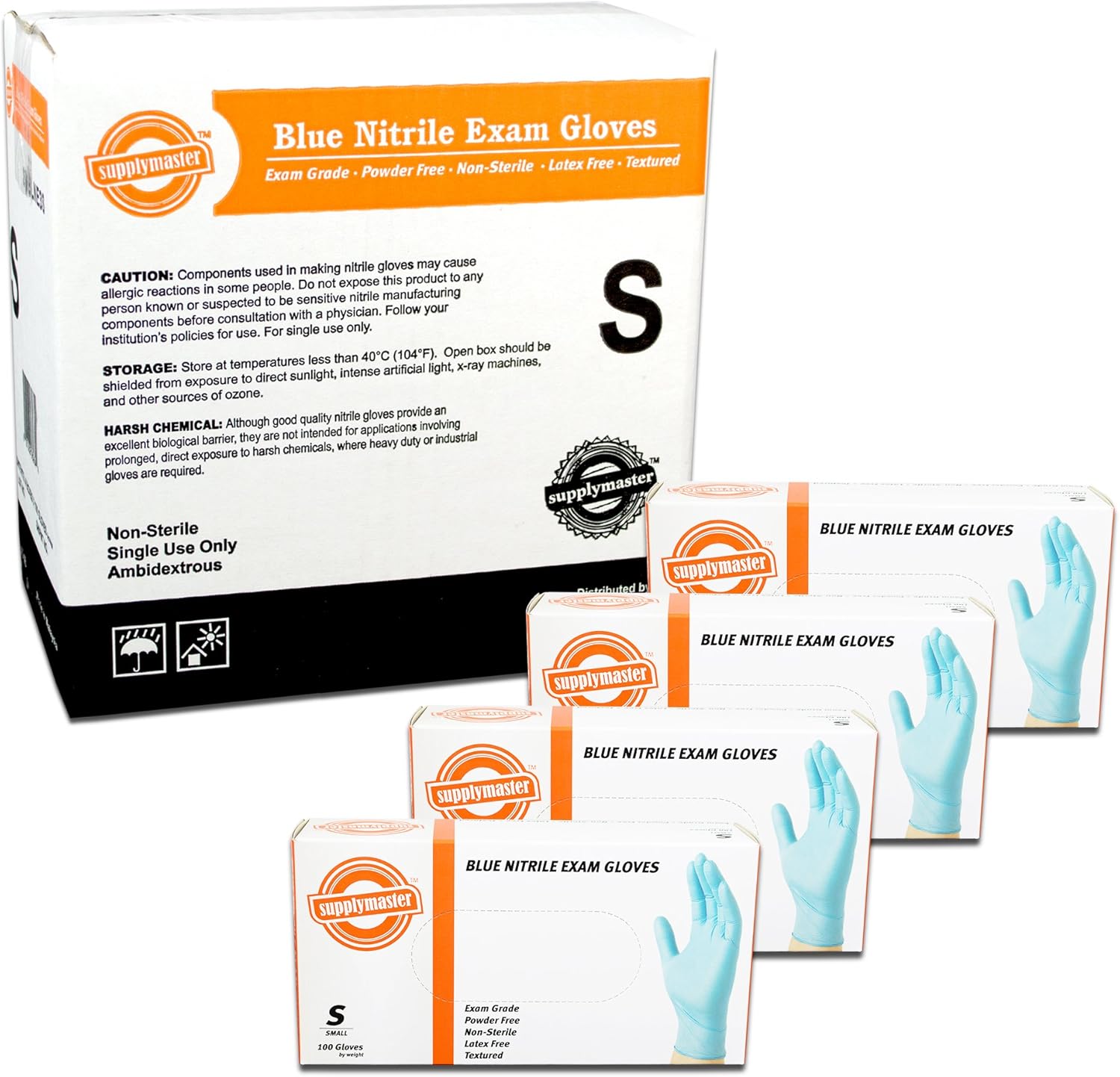 SupplyMaster Blue Nitrile Exam Disposable Gloves - 3 Mil, Powder Free, Non-Sterile, Latex Free, Textured, Ambidextrous, Small, Caseof 400