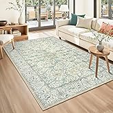 Collive 5x7 Area Rugs, Machine Washable Floral Living Room Bedroom Rug, Vintage Distressed Neutral Non Slip Low Pile Throw Carpet, Soft Retro Rugs for Dining Room Nursery Office, Ivory/Light Turquoise