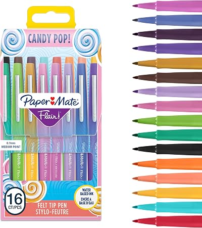 Paper Mate Flair Felt Tip Pens Medium Point 0.7 mm 16 Count Assorted Candy Pop