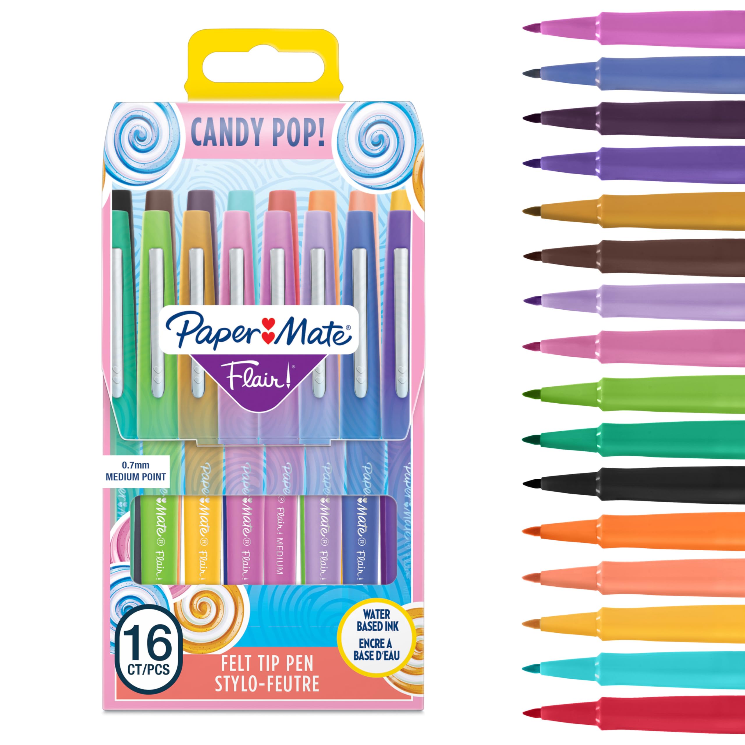 Paper Mate Flair Felt Tip Pens | Medium Point (0.7 mm) Marker Pens | Assorted Candy Pop Colouring Pens | For Kids & Adult Colouring, Journalling & More | 16 Count