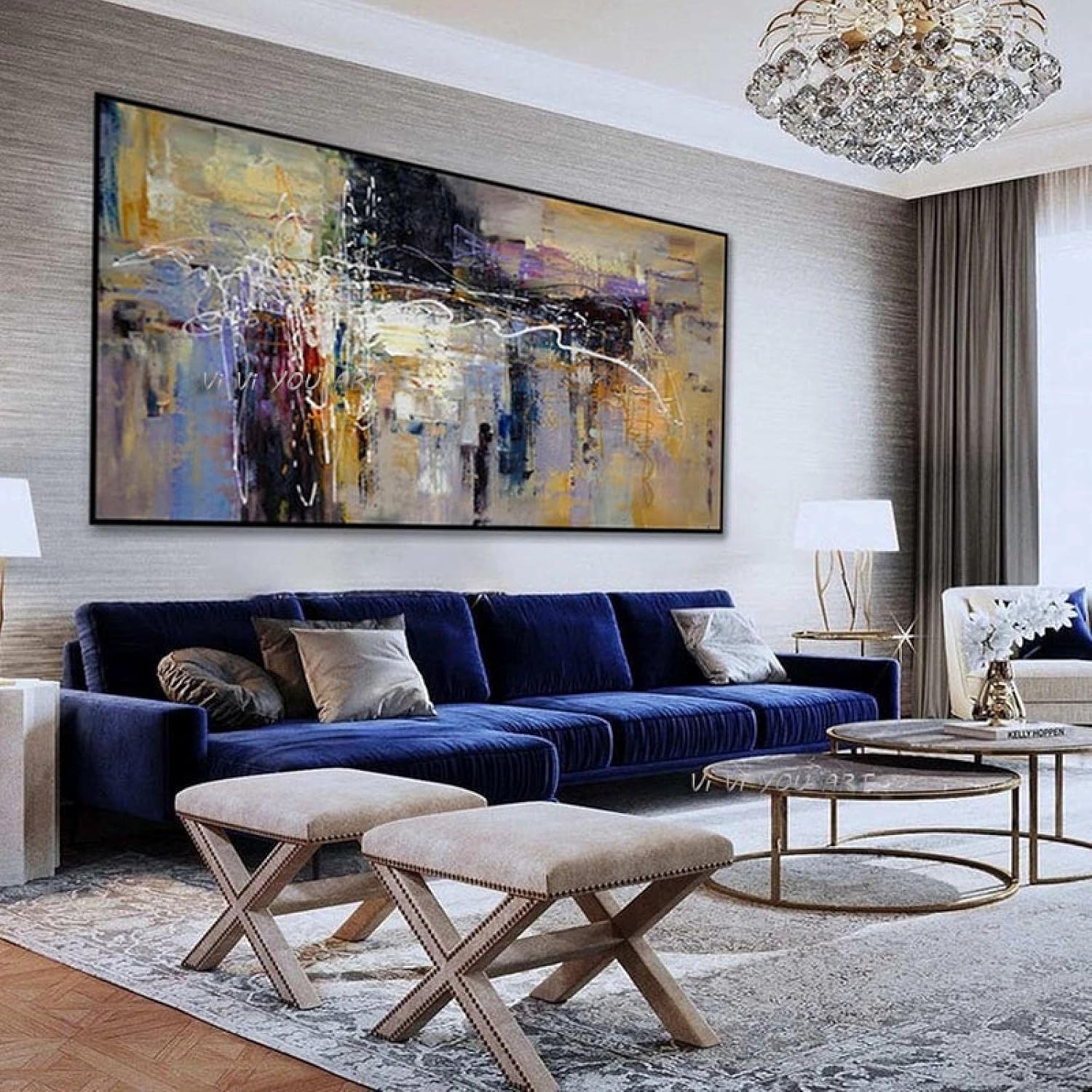 Paintings - ZMFBHFBH Contemporary Large Abstract Wall Art Hand Painted Oversize Painting On Canvas Panoramic Wide in Office Decoration 70x140cm(28x55in) with Frame