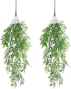 Omldggr 2 Pieces Artificial Hanging Ivy Vine Bamboo Leave Fake Hanging Basket Plants Walls Trailing Greenery for Indoor Outdoor Party Garden Office Wedding Decor