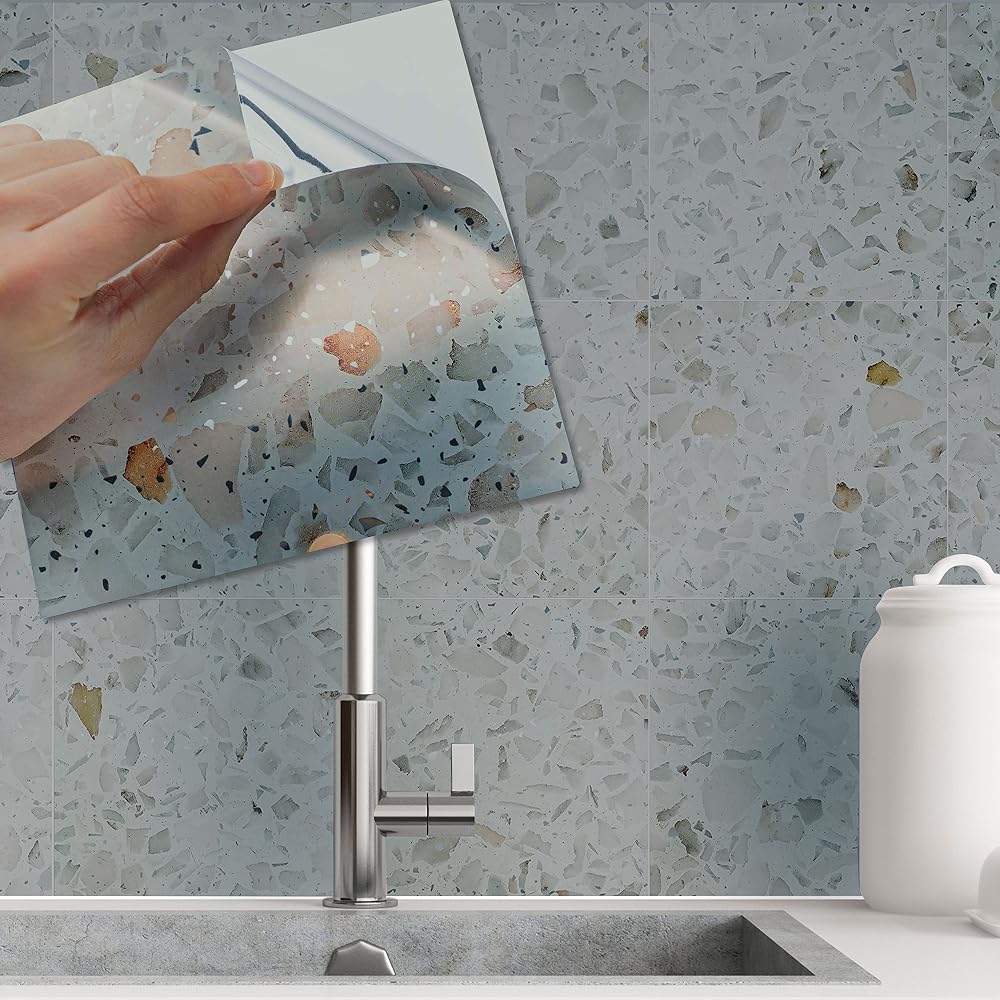 WALPLUS Marble Terrazzo Metallic Silver Wall Tiles 96pcs Peel & Stick 15x15